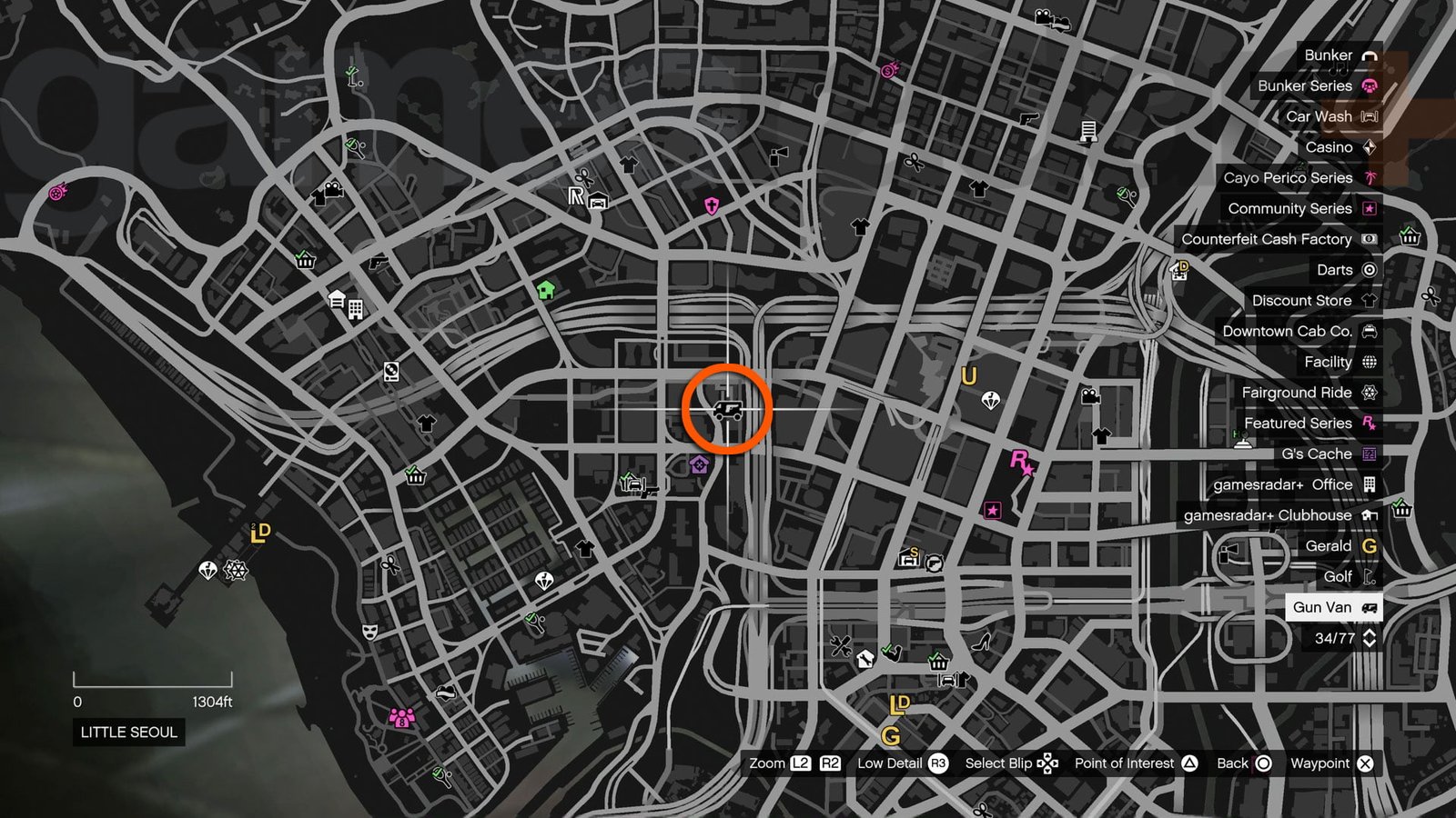 GTA Online Gun Van map showing Little Seoul location