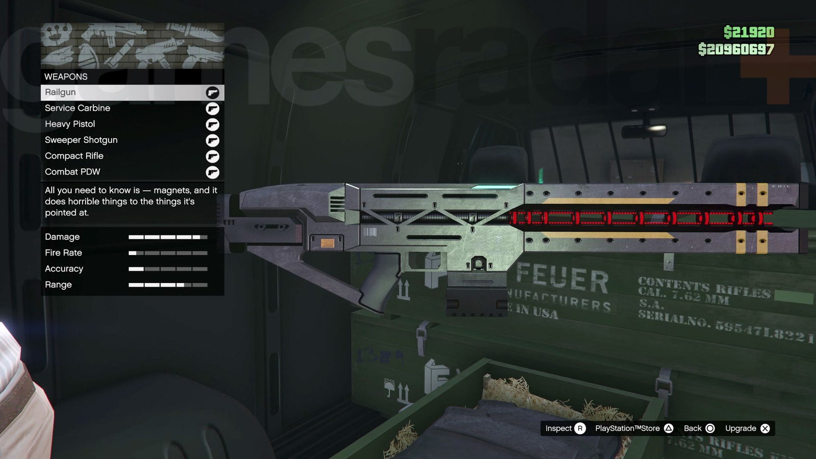 The GTA Online Gun Van inventory including the Railgun