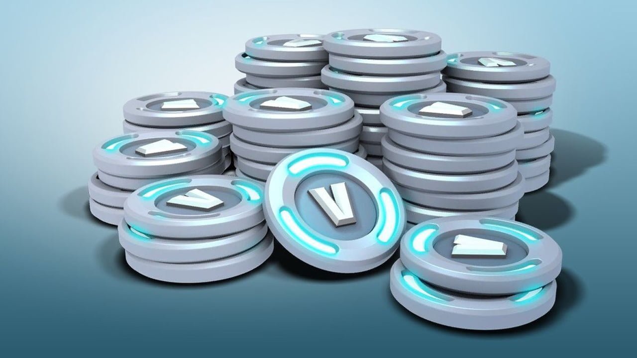 A stack of V-Bucks coins that could be used to buy the Fortnite Season 2 Battle Pass