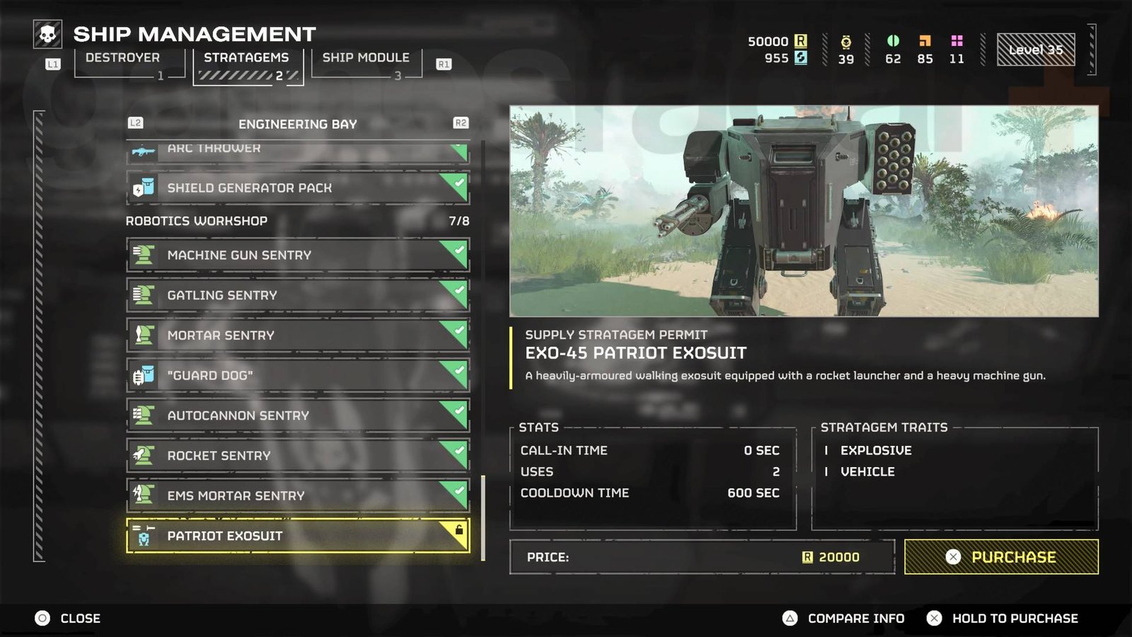 Helldivers 2 Patriot Exosuit mech stratagem in ship management menu