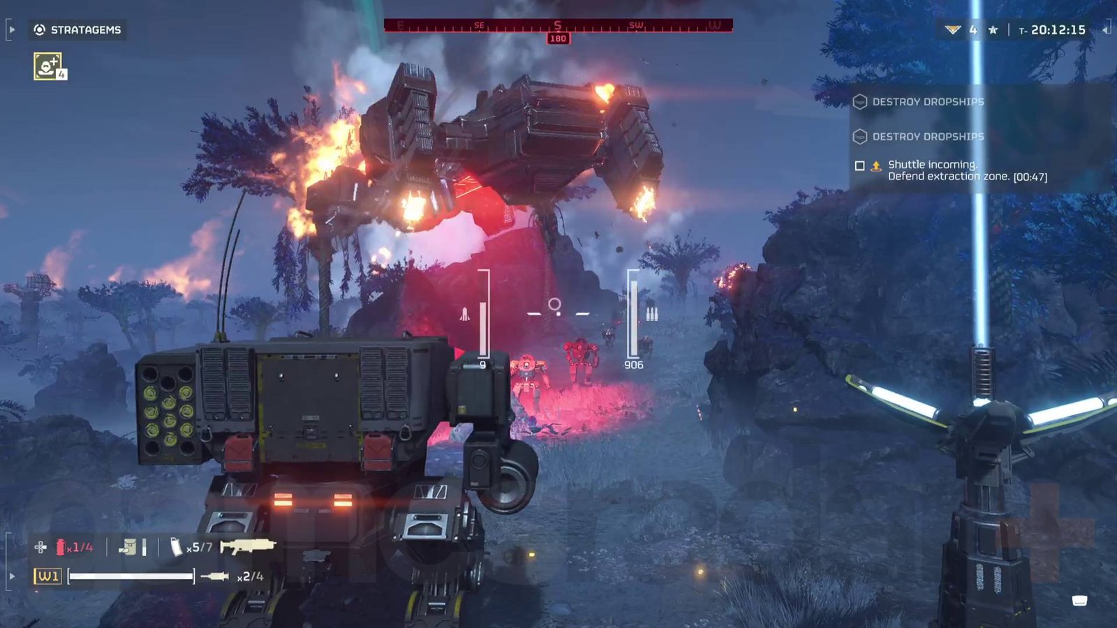 Helldivers 2 Patriot Exosuit mech shooting down automaton dropship