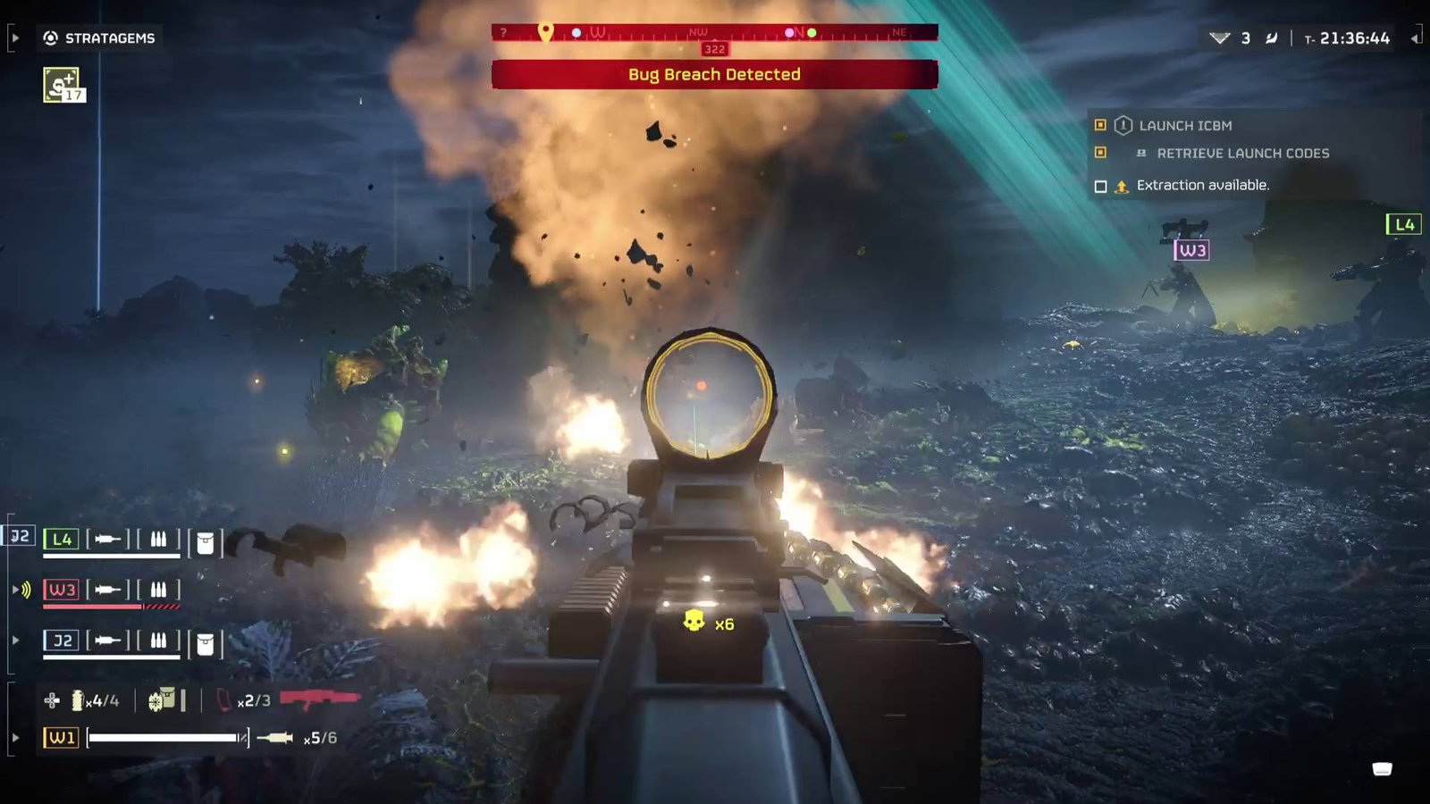 Helldivers 2 Stalwart light machine gun firing in first person