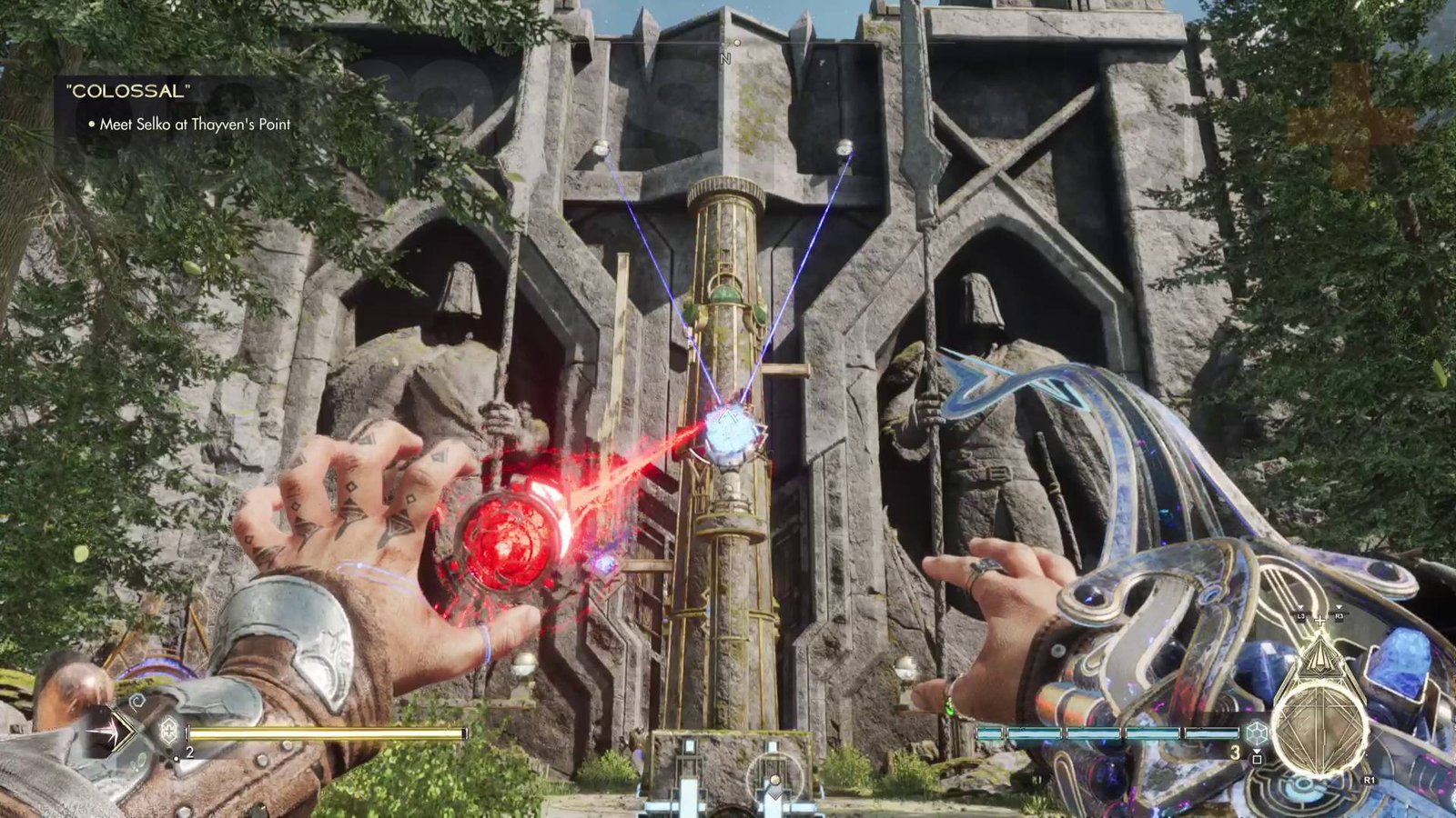 Immortals of Aveum Greyveil Plaza tower puzzle using refract on blue orbs