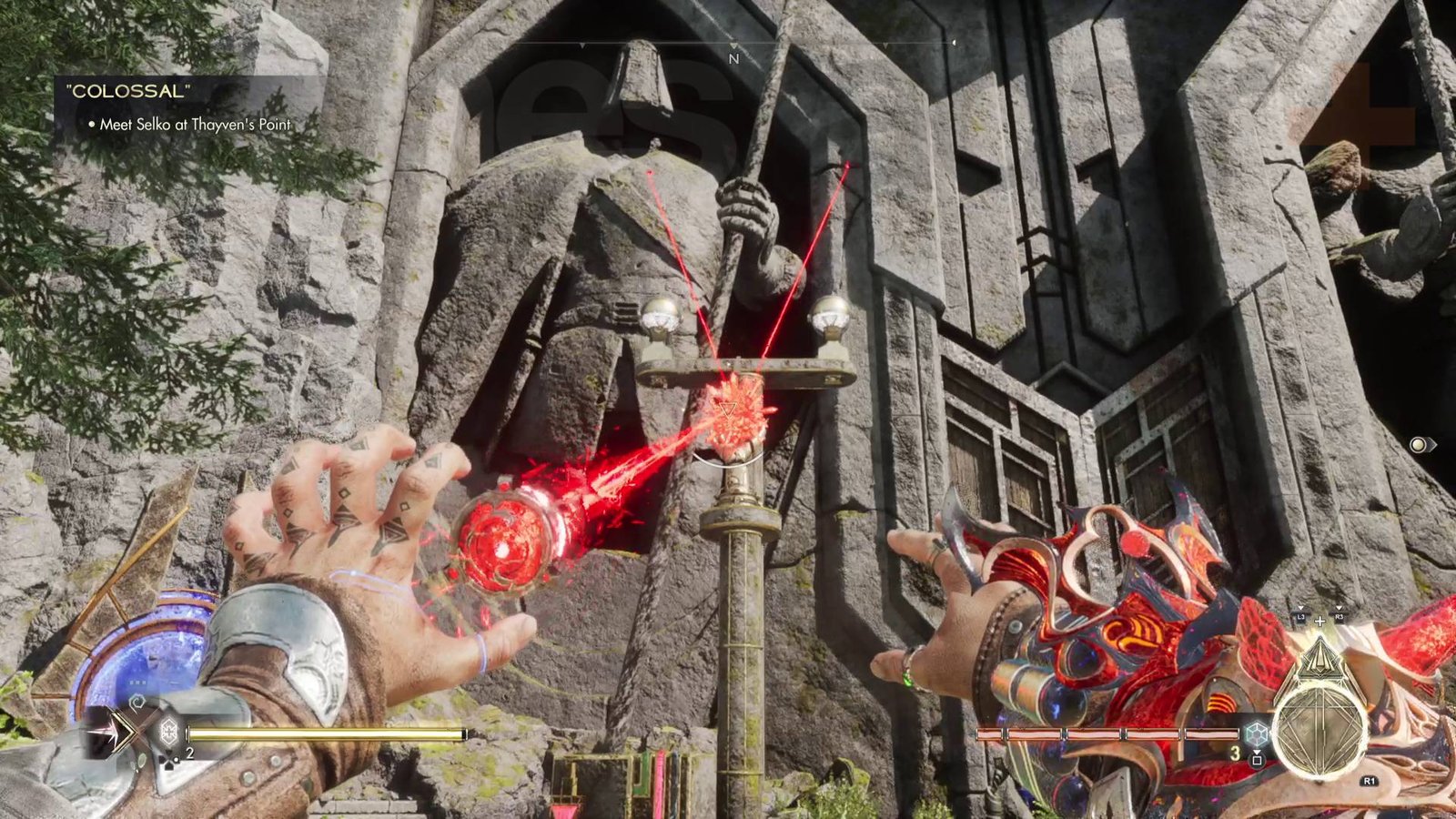 Immortals of Aveum Greyveil Plaza tower puzzle using refract laser beam on red orbs