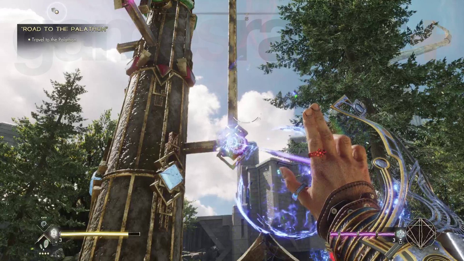 Immortals of Aveum Greyveil Plaza tower puzzle jak shooting blue square on tower with spell