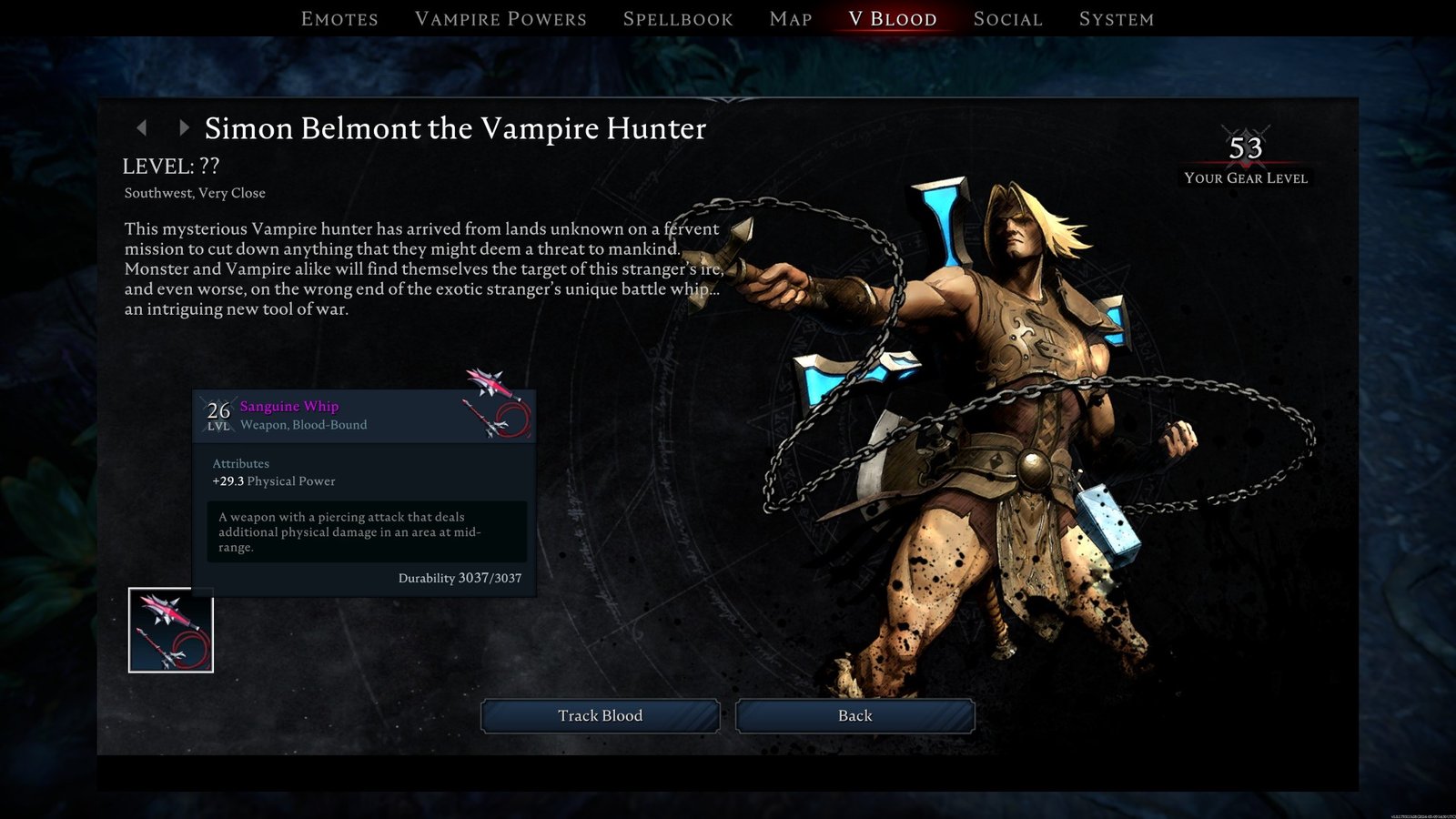 Simon Belmont's reward page in V Rising, with the sanguine whip highlighted