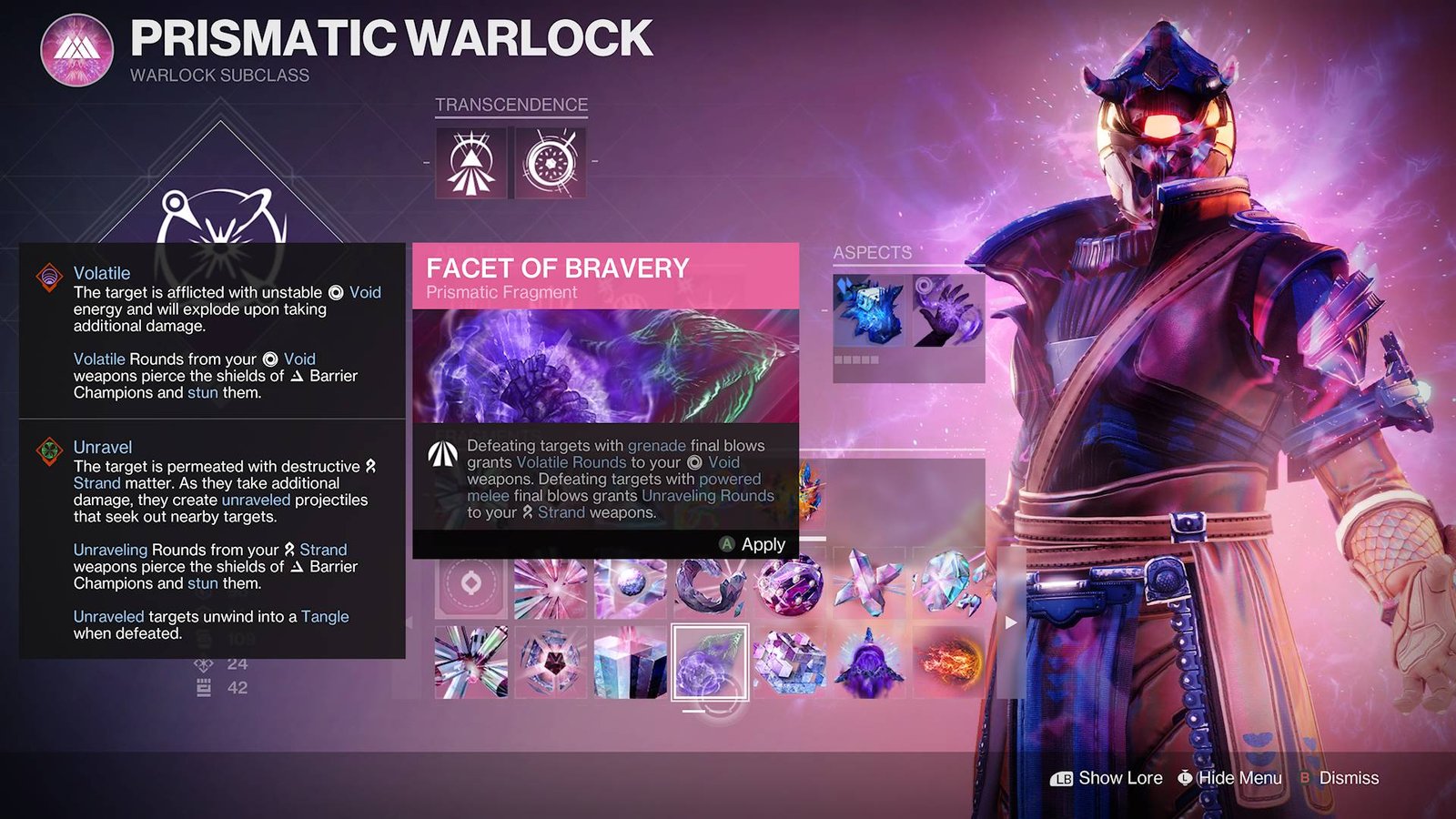 Destiny 2 Prismatic Fragments subclass screen Warlock