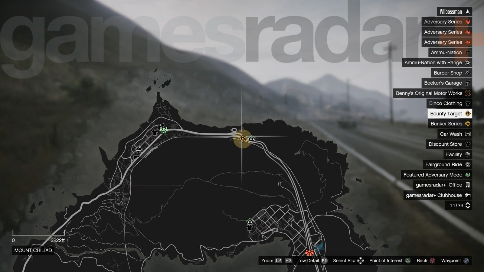 A GTA Online Bounty Hunting target marked on the map