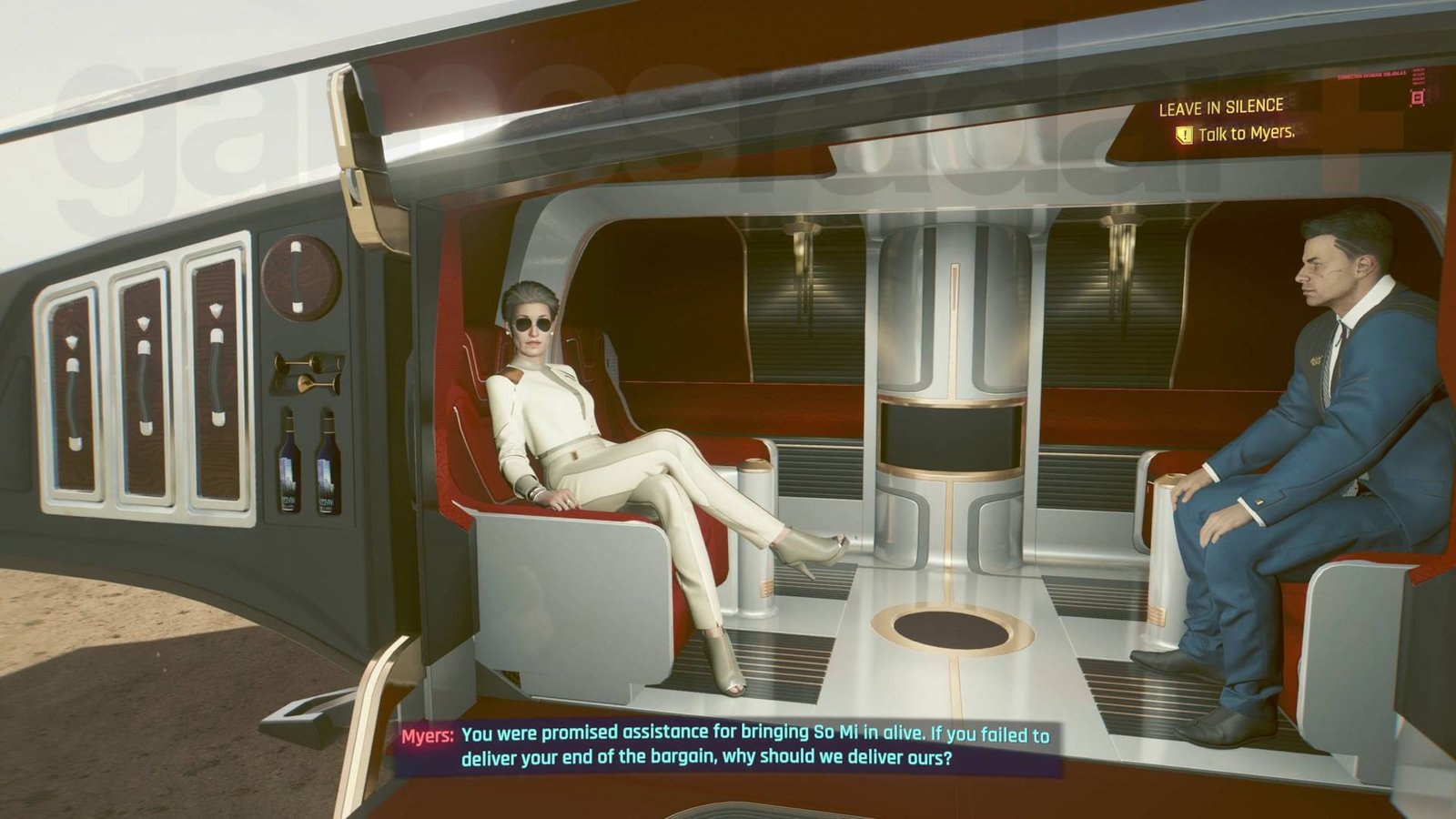 Cyberpunk 2077 Phantom Liberty endings President Myers in her aerial vehicle