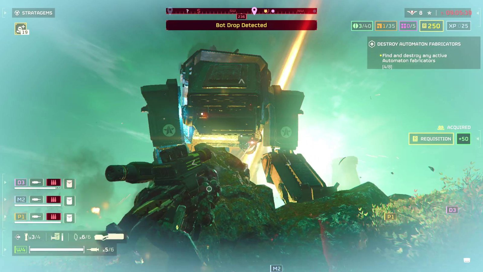 Helldivers 2 Factory Strider крупным планом смотрит на helldiver