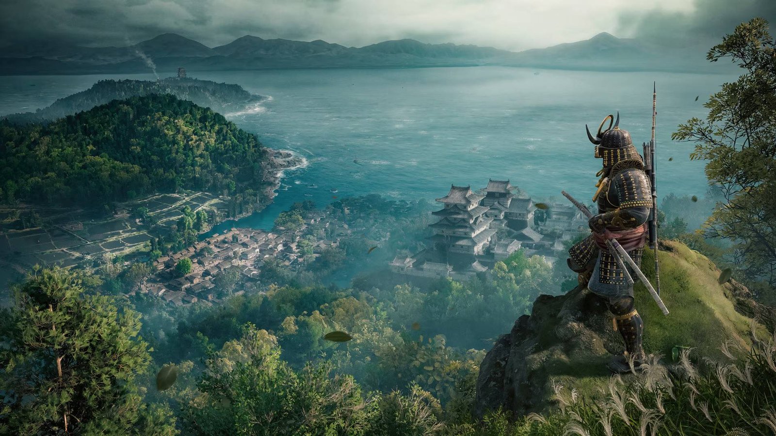 Assassin's Creed Shadows Claws of Awaji expansion Yasuke overlooking Awaji island village